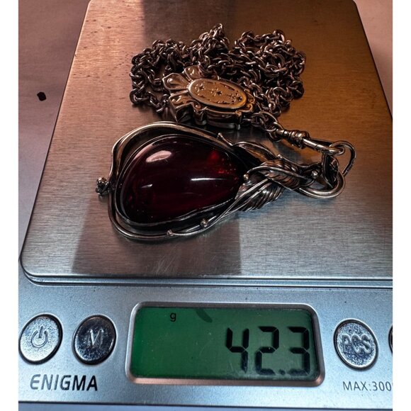 Estate Sterling Silver 925 Necklace w/ Large Amber Art Nouveau Pendant 26” - Picture 7 of 11